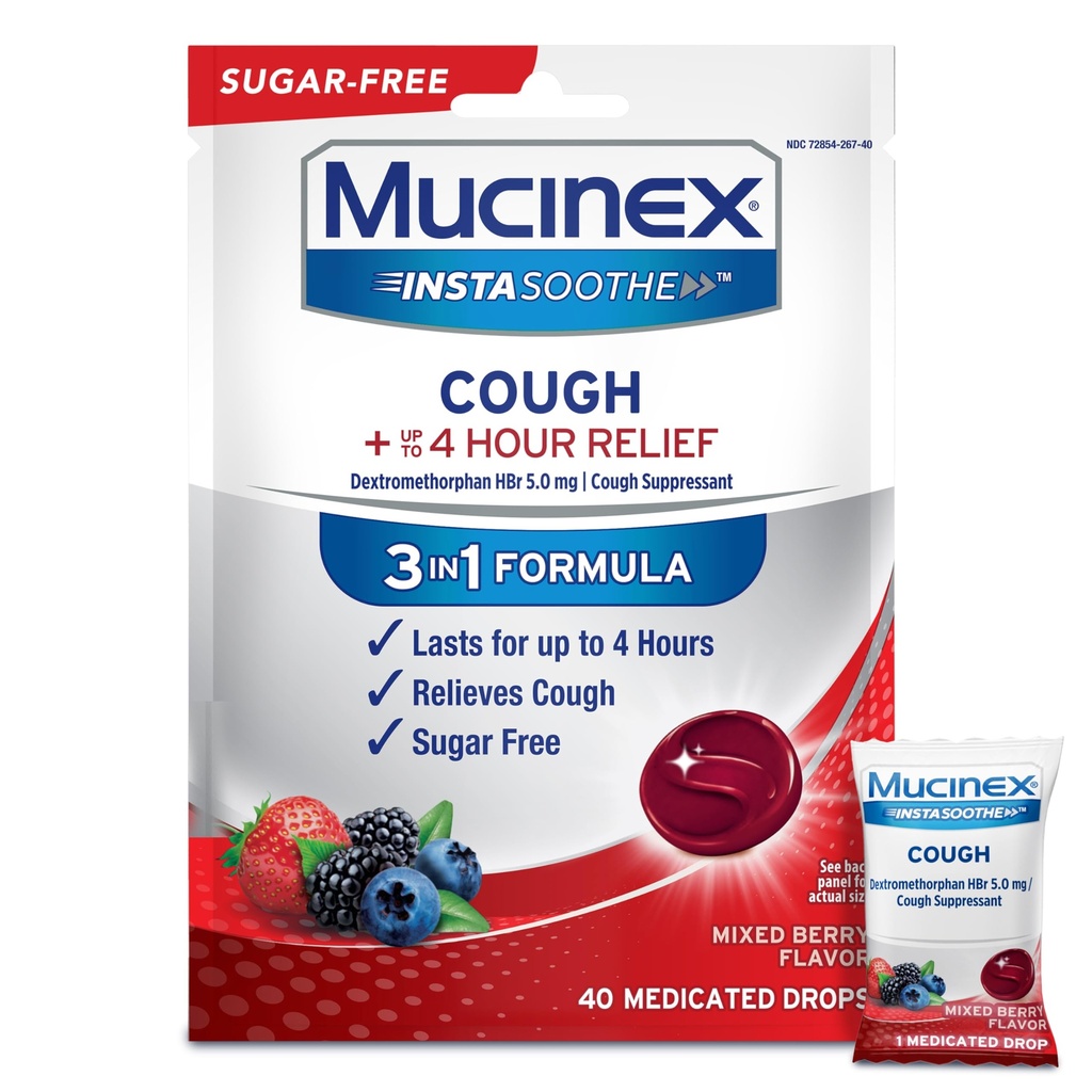 Mucinex Instasoothe ζάχαρη δωρεάν σταγόνες βήχα, Βήχας Ιατρική για ενήλικες με Dextromethorphan HBr, μη μενθόλης βήχας σταγόνες, βήχας καταπιεστική Lozenges, μικτή μούρα Medicated Cough Drops, 40ct