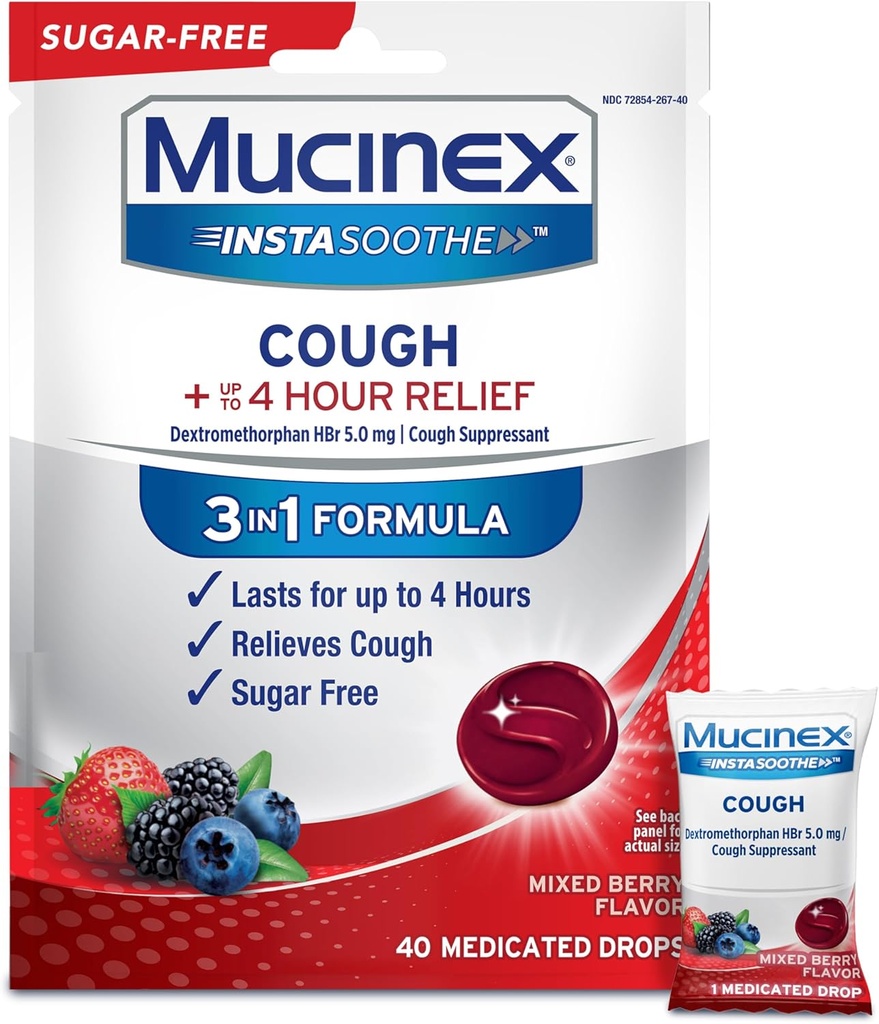Mucinex Instasoothe ζάχαρη δωρεάν σταγόνες βήχα, Βήχας Ιατρική για ενήλικες με Dextromethorphan HBr, μη μενθόλης βήχας σταγόνες, βήχας καταπιεστική Lozenges, μικτή μούρα Medicated Cough Drops, 40ct