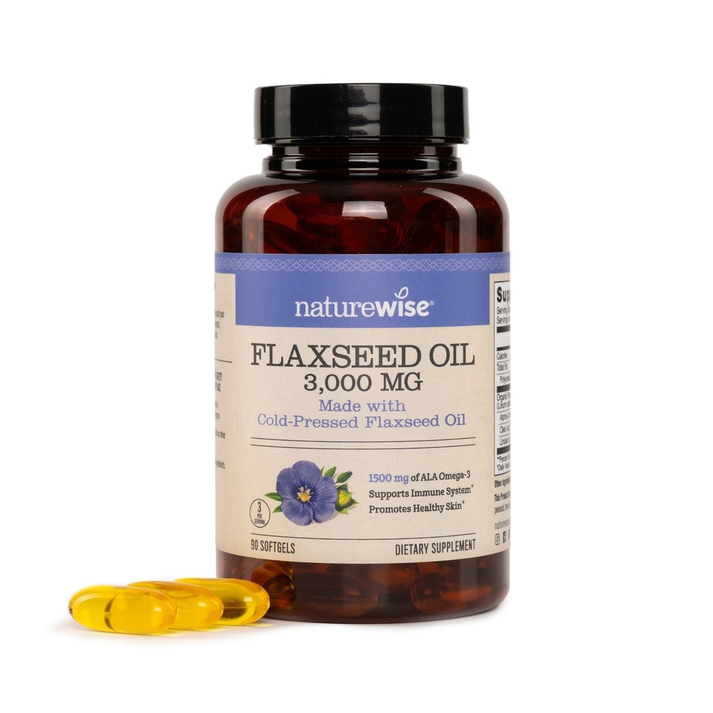 NatureWise Flaxseed Oil 3000 mg, Fish Free Omega 3 with 1500 mg ALA - Plant Based Omega 3 6 9 Supplement - Organic, Cold Pressed, Non-GMO - 90 Softgels[30-Day Supply]
