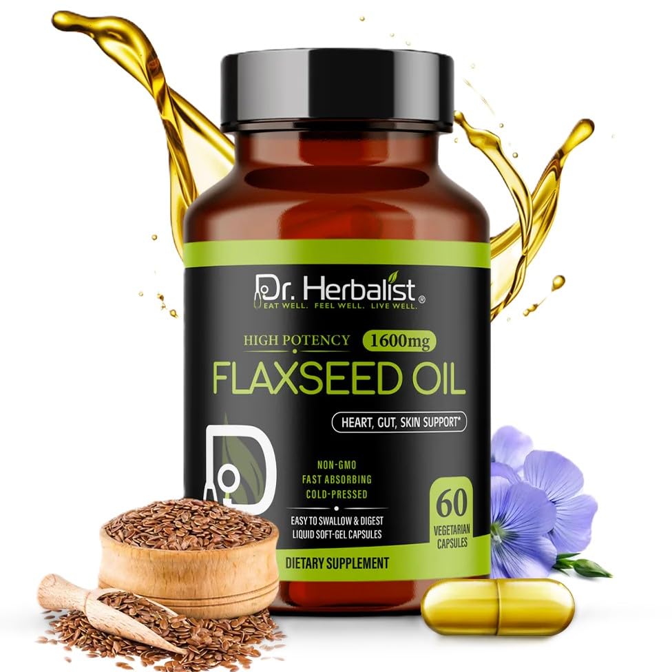 Dr. HERBALIST Flaxseed Oil Capsules 1600mg - Linum usitatissimum with Alpha-linolenic Acid (ALA Omega-3) Supports Heart-Healthy Omega-3 Intake & Skin & Hair Wellness* Halal 60ct