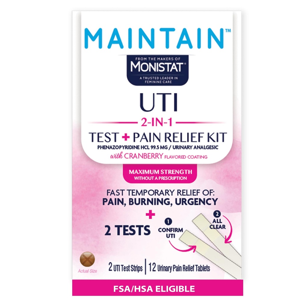 Monistat Maintain UTI 2-in-1 Test & Pain Relief Kit, 2 Test Strips & 12 Urinary Pain Relief Tablets, 2 Minute Results and Maximum Strength Pain, Burning and Urgency Relief