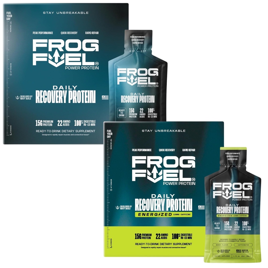 Frog Fuel Power Regular & Energized Complete Protein Shot Bundle, 15g Protein Nano Hydrolyzed & Grass Fed Collagen, Post Workout, Fat & Sugar Free, 22 Amino Acids, Berry, 1 oz Packets, 48 Pack