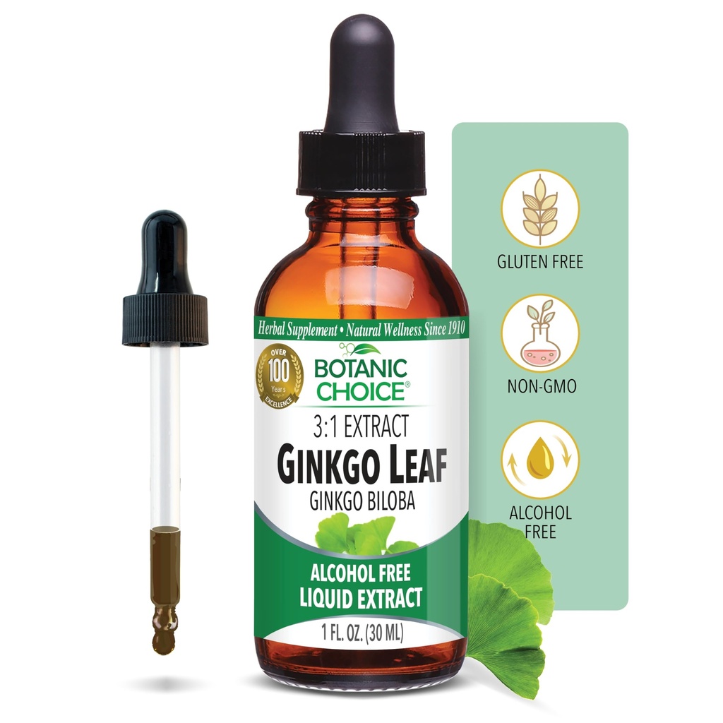 Botanic Choice Ginkgo Biloba Leaf Liquid Extract – Alcohol Free, Gluten Free, Fast Acting Supplement Drops – Easy to Use Dropper 1 Fluid Ounce