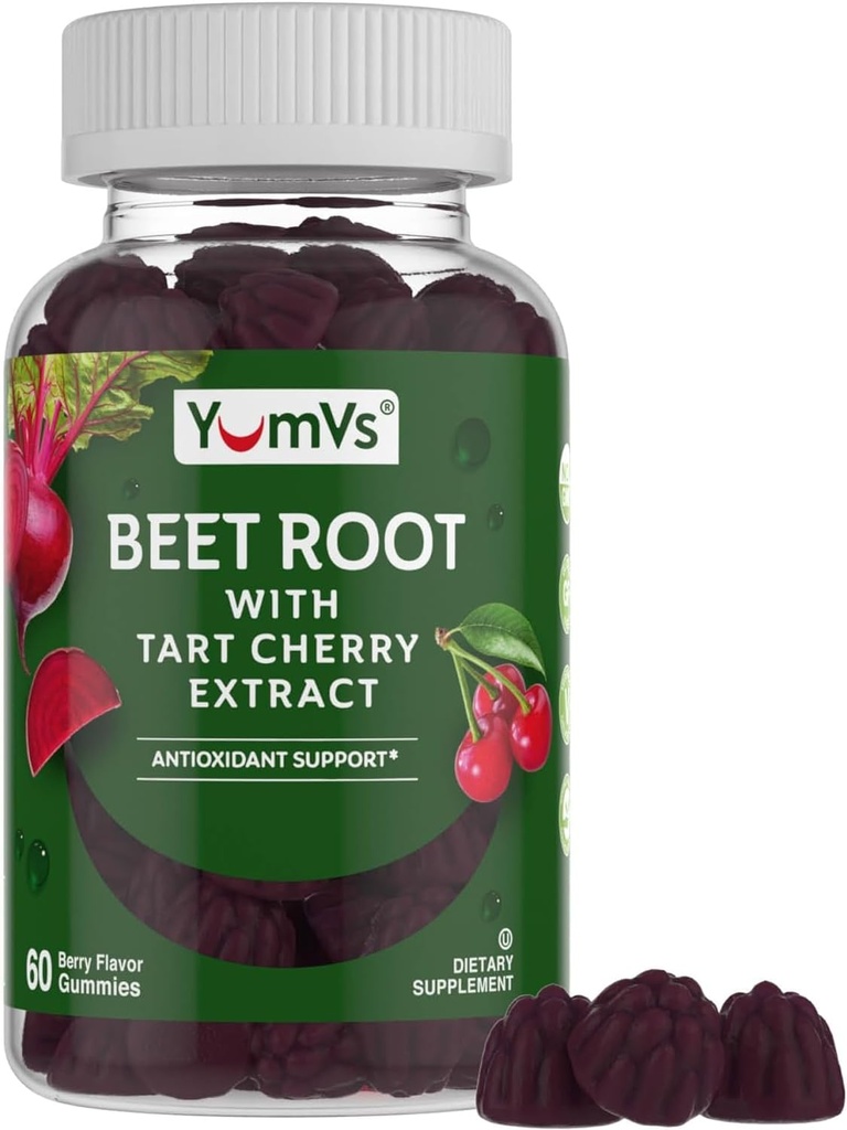 YUM-V'S Beet Root Gummies with Tart Cherry Extract - Berry Flavor Beetroot Gummies - Τσίχλες τεύτλων για την κυκλοφορία του αίματος και αντιοξειδωτική υποστήριξη - Red Beets Gummies (Berry 60 Count (Pack of 1)