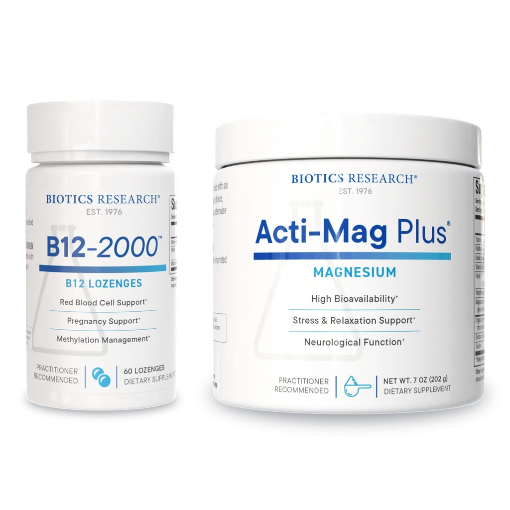 Biotics Research B12-2000™ Lozenges & Acti-Mag Plus™ Powder – High Potency Vitamin B12, B6, Folate & 400mg Magnesium – Methylation, Energy, Relaxation, Heart & Muscle Support - 60 Lozenges + 7 oz