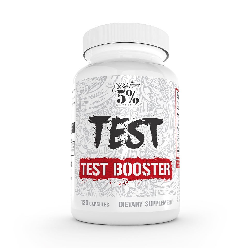 5% Nutrition Rich Piana Test | Natural Testosterone Booster for Men | Muscle Builder, Male Vitality, Energy & Stamina | Tongkat Ali (Longjack), Shilajit, Fenugreek, DIM, Boron | 120 Capsules