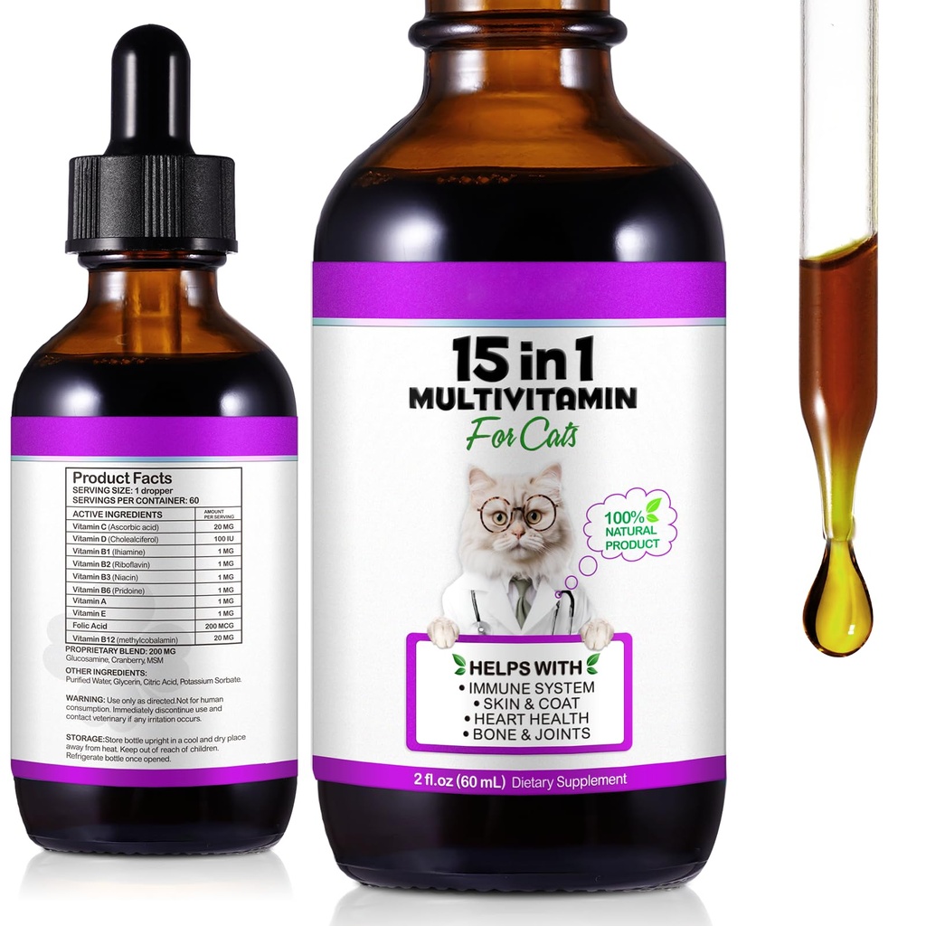 Liquid Multivitamin for Cat, 15 in 1 Cats Multivitamin Liquid Drops Supplements for Skin & Coat, Heart Health, Bones and Joint, Cat Vitamins with Glucosamine and MSM, Immune System Support -60ml