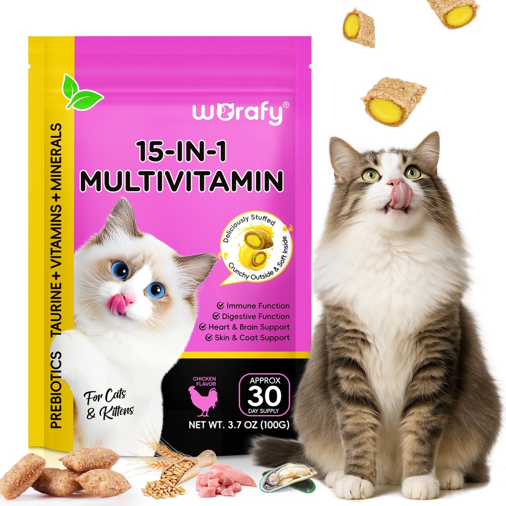 Cat Vitamins with Taurine, 15-in-1 Multivitamin Chews with Omega-3s & Prebiotics, Taurine for Immune, Heart & Joint Health, Supports Skin, Coat & Digestion, Cat Grass Treats for Cats & Kittens