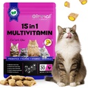 Cat Multivitamin Treats Chews, 15-in-1 Cat Chews for Health, Immune, Digestive, Skin & Coat - Chicken Flavor Soft-Crunchy Bites with Taurine, Omega Fatty Acids, Prebiotics & Vitamins