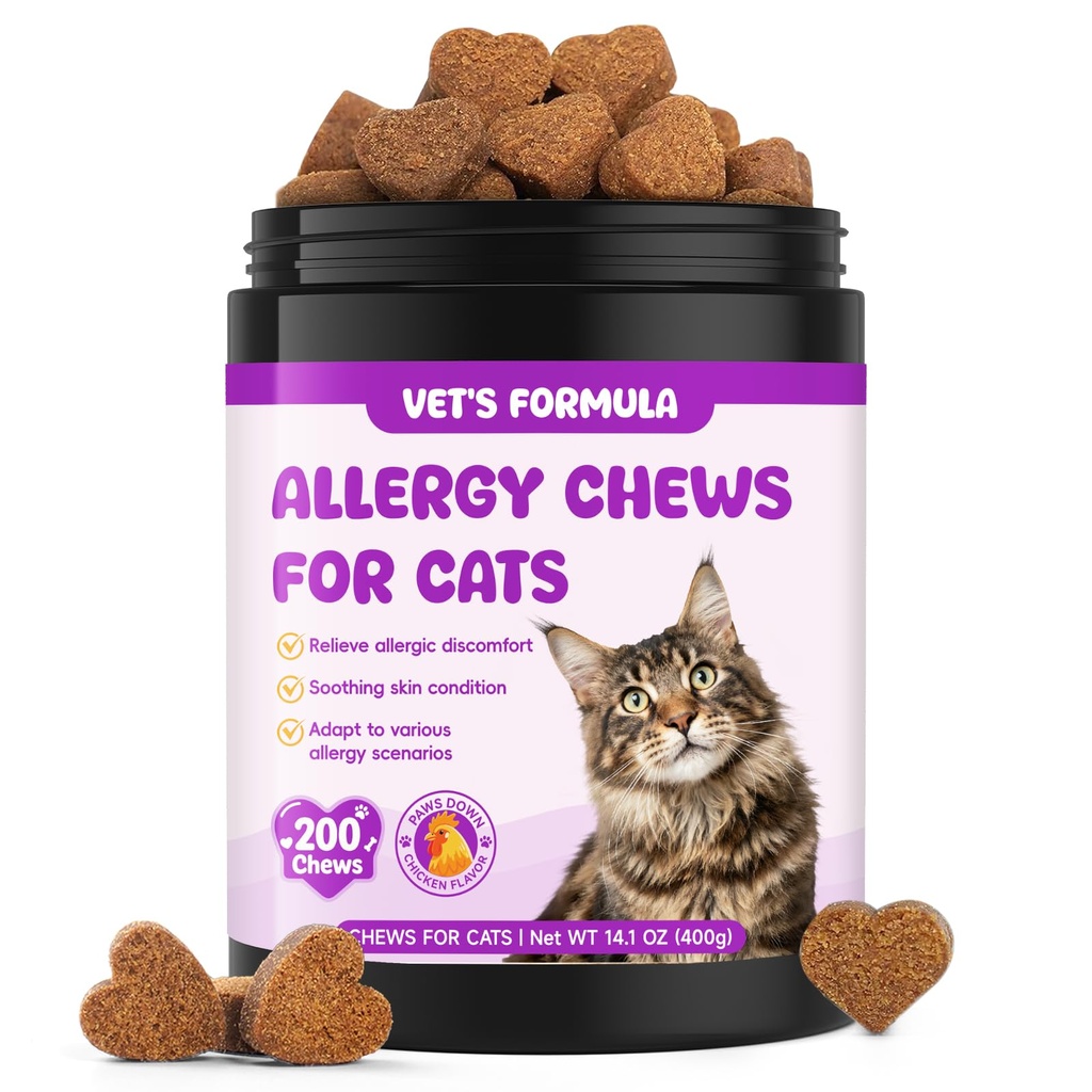Cat Allergy Relief Chews: Cat Itchy Skin Seasonal Allergy Relief & Immune Support for Cats for All Breeds with Multivitamin and Omega-3