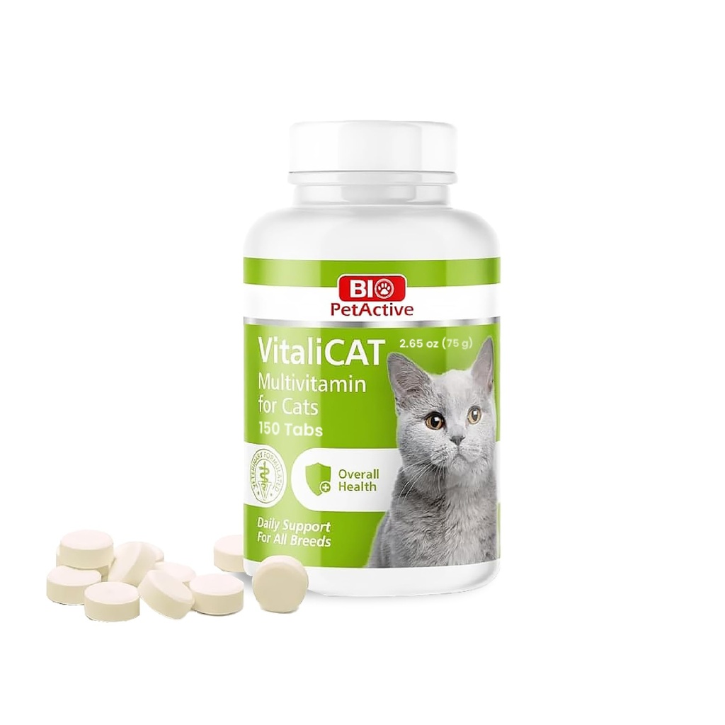 Bio PetActive VitaliCAT Multivitamin Chews for Cats with Biotin, Vitamins A E B-Complex & Amino Acids - Supports Healthy Skin, Shiny Coat & Overall Wellness - 150 Chewable Tablets