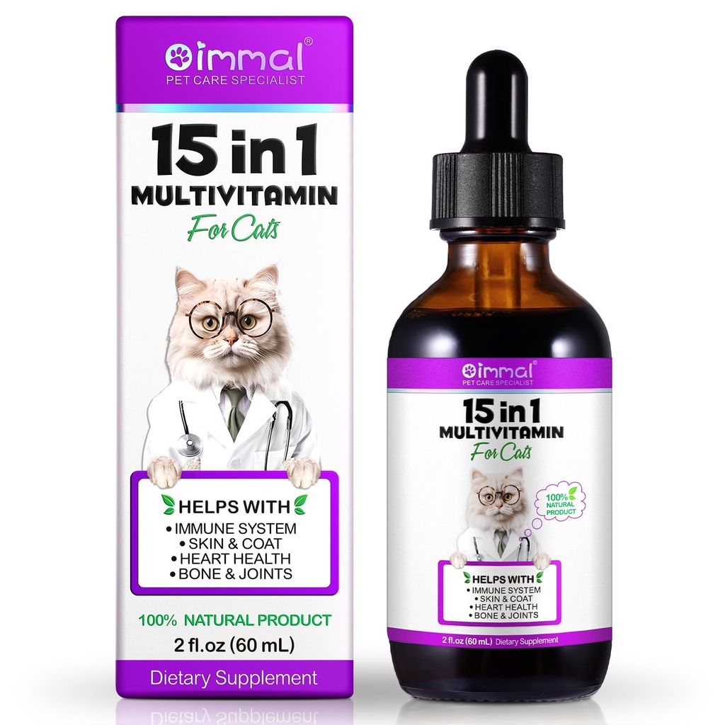 15-in-1 Multivitamin Drops for Cats - Immune Support, Skin & Coat Health, Digestion, Joint Care - with Vitamins A, B, C, D, E - Liquid Supplement for All Life Stages, Easy to Use, 2 fl.oz
