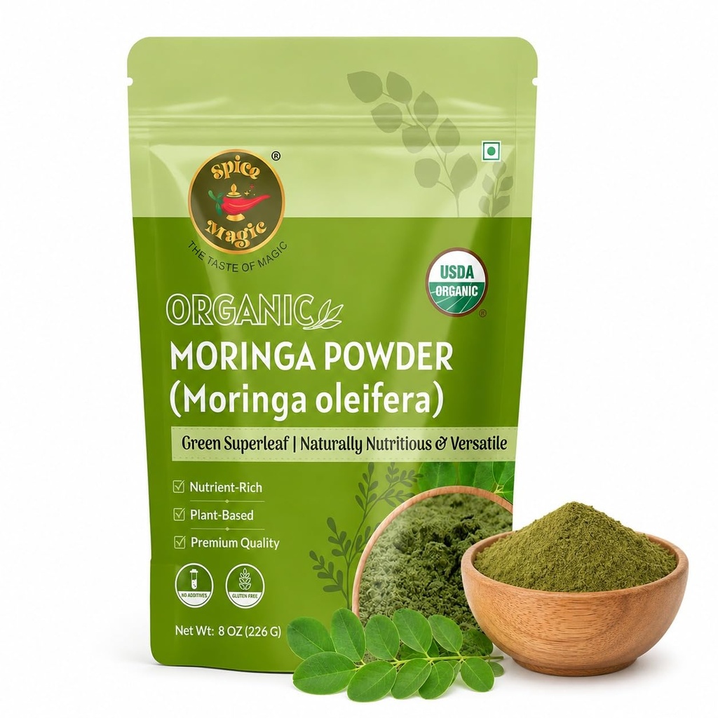 Spice Magic Organic Moringa Powder 8oz (226g) | USDA Organic Moringa Oleifera Leaf Powder | 100% Pure, Lab Tested | Non-GMO Gluten Free | Great for Smoothies Tea & Cooking I Sourced from India