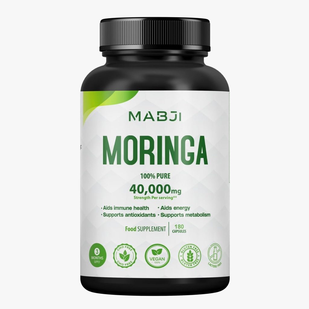 Pure Organic Moringa Leaf Capsules 40000 mg, 180 Vegan Capsules, 3 Month Supply, Moringa Oleifera, Antioxidant, Immune & Cellular Support, Superfood Supplement