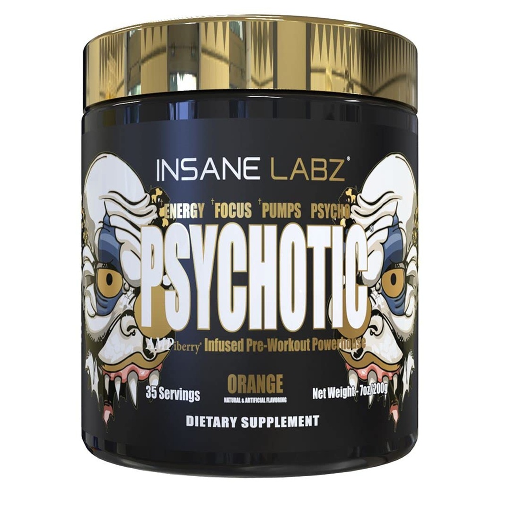 Insane Labz Psychotic Gold, Υψηλής διεγερτικής πριν από την προπόνηση σκόνη, Extreme Lasting Energy Focus, Αντλίες και αντοχή με Beta Alanine, DMAE Bitartrate, NO Booster (35 εξυπηρετούν, Πορτοκαλί)