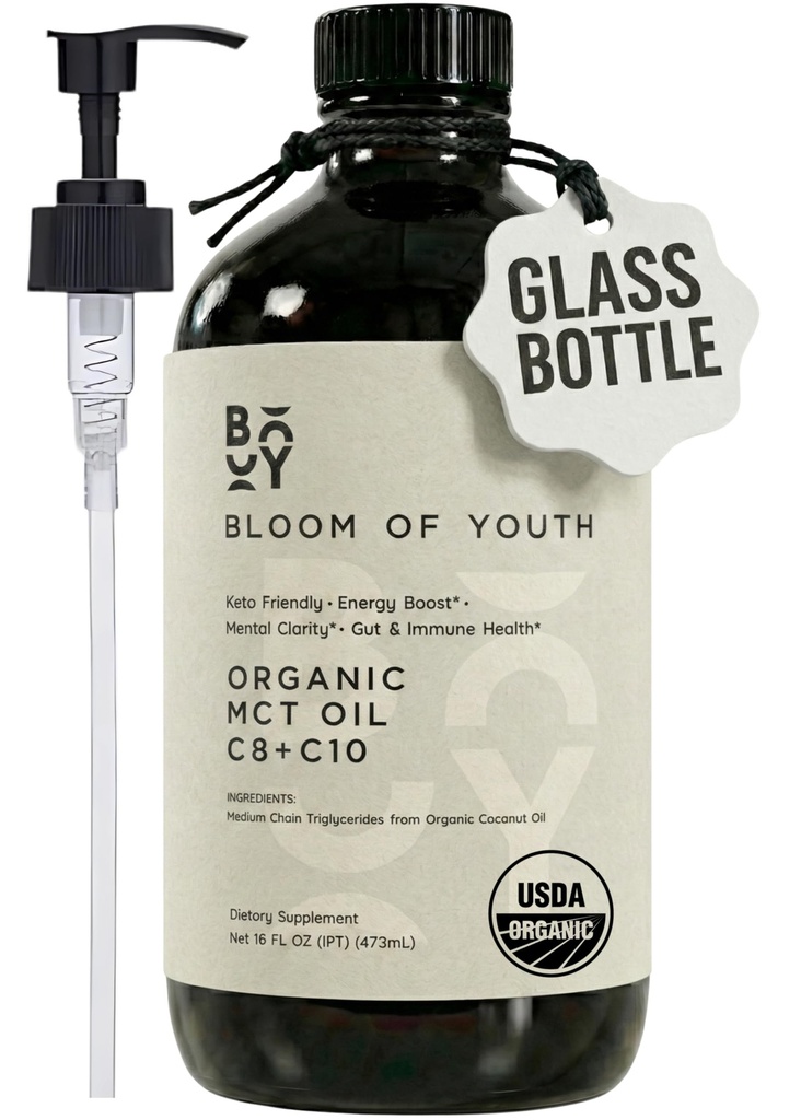 Bloom of Youth Pure MCT oil C8 + C10 | Glass Bottle 16oz - From 100% Organic Coconuts USDA Organic - Lab Tested for Quality and Purity - Keto Supplement for Brain & Body | Add to Coffee or Shakes