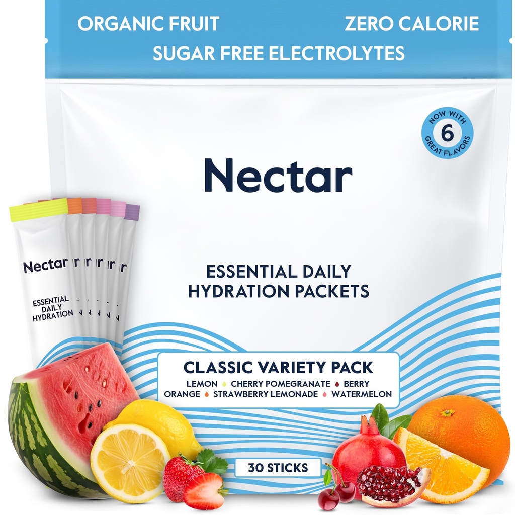Πακέτα Ενυδάτωσης Nectar - Packets σκόνης ηλεκτρολυτών - Χωρίς ζάχαρη & 0 θερμίδες - Βιολογικά Υγρά Φρούτων Καθημερινή IV Ηλεκτρολυτές Σκόνη για Αφυδάτωση Ανακούφιση και Επανυδάτωση (Variety 30 Pack)
