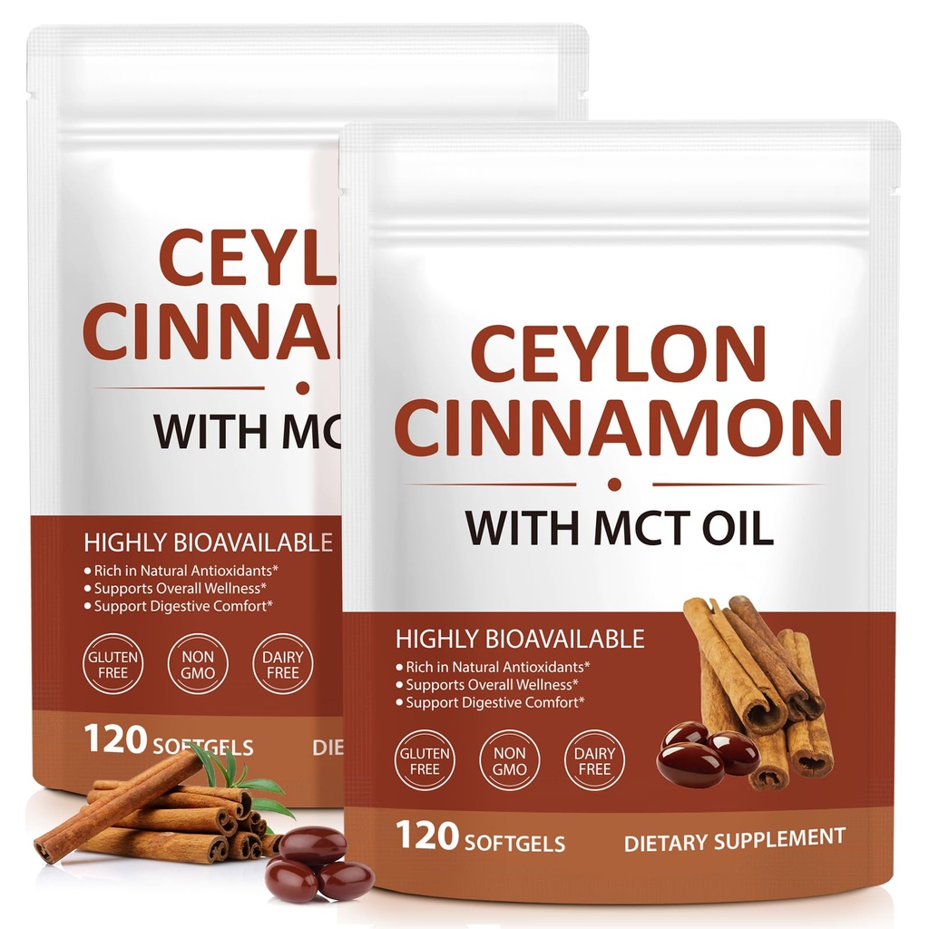 Ceylon Cinnamon Softgels with MCT Oil 2 Pack - 600mg True Cinnamon Extract Supports Digestive Comfort & Antioxidant – Non-GMO, Gluten-Free – 120 Count