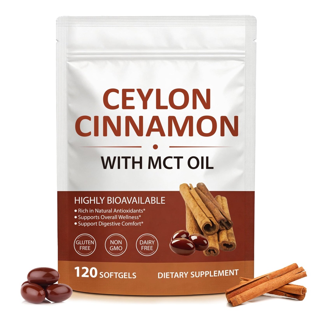 Ceylon Cinnamon Softgels with MCT Oil, Cinnamomum Verum Bark Extract | Cinnamon Supplements for Women & Men| Gluten-Free Non-GMO | Easy to Swallow | 120 Softgels