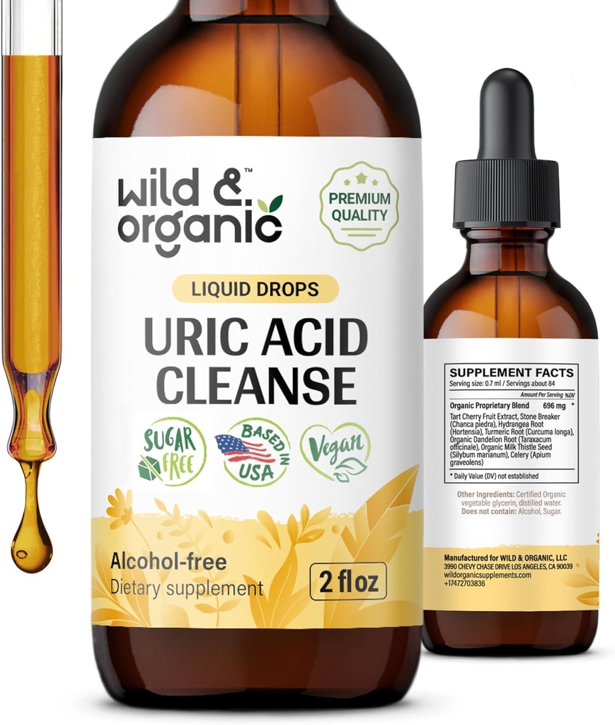 Wild & Organic Uric Acid Cleanse Drops - Tart Cherry, Turmeric, Chanca Piedra Stone Breaker Complex for Kidney Cleanse - Uric Acid Support Supplement - Vegan, Sugar & Alcohol-Free Tincture - 2 oz