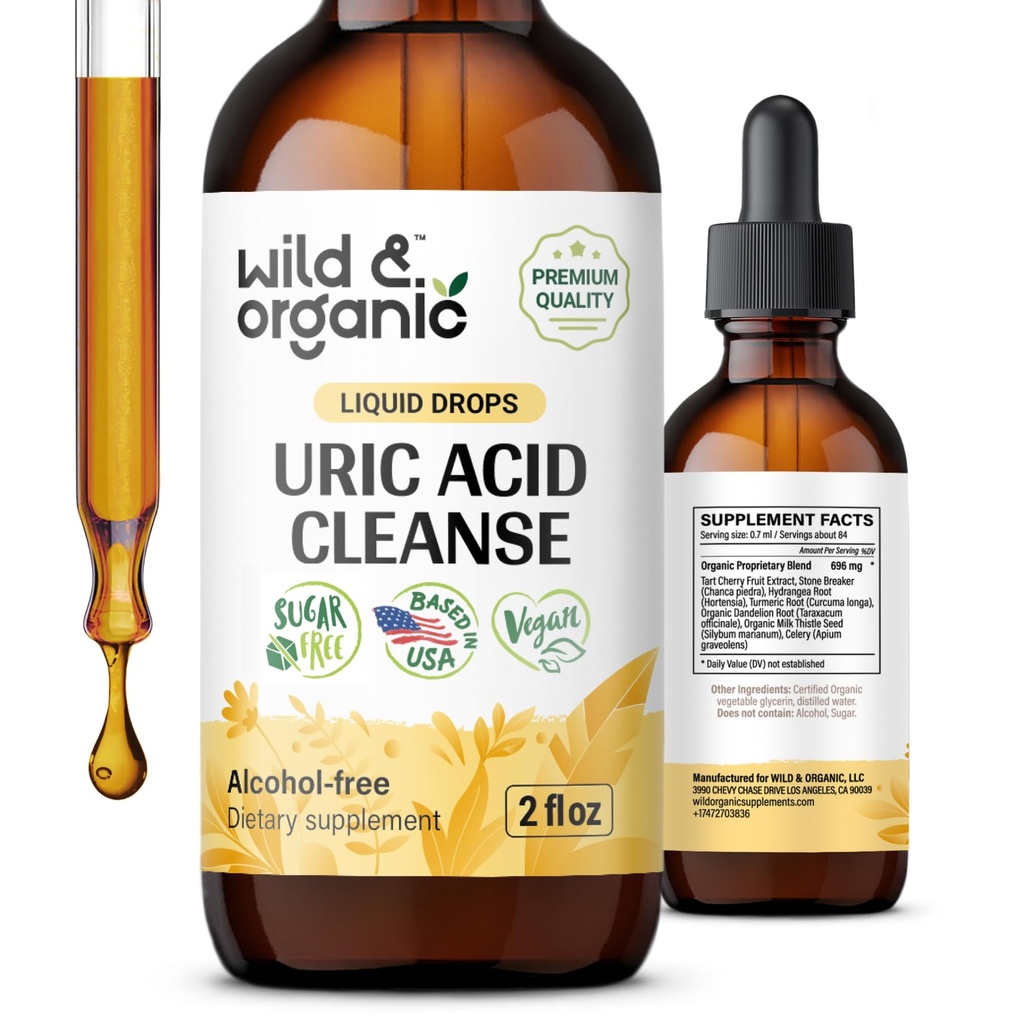 Wild & Organic Uric Acid Cleanse Drops - Tart Cherry, Turmeric, Chanca Piedra Stone Breaker Complex for Kidney Cleanse - Uric Acid Support Supplement - Vegan, Sugar & Alcohol-Free Tincture - 2 oz