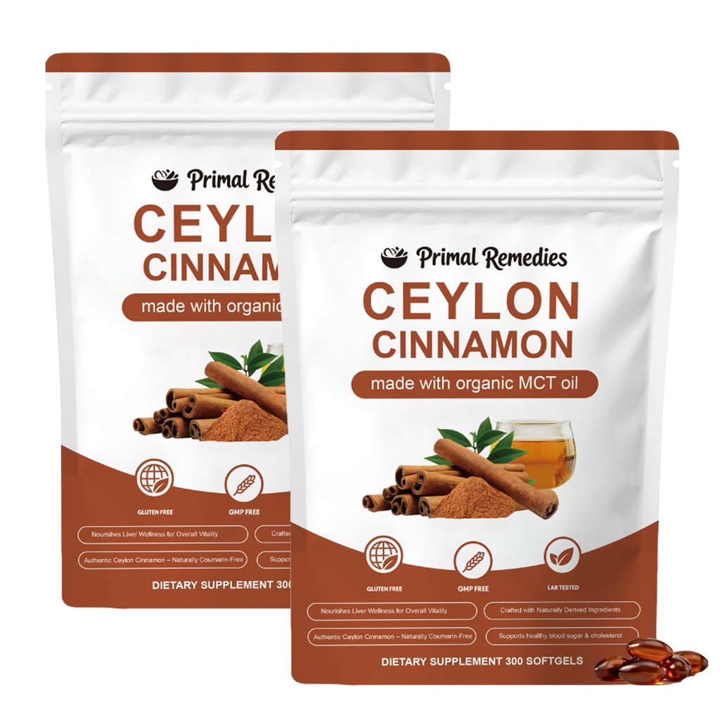 Ceylon Cinnamon Made with mct Oil, Primalremedies Ceylon Cinnamon,Gluten Free, Non-GMO, Highly Bioavailable - 300 Softgels (2PCS)