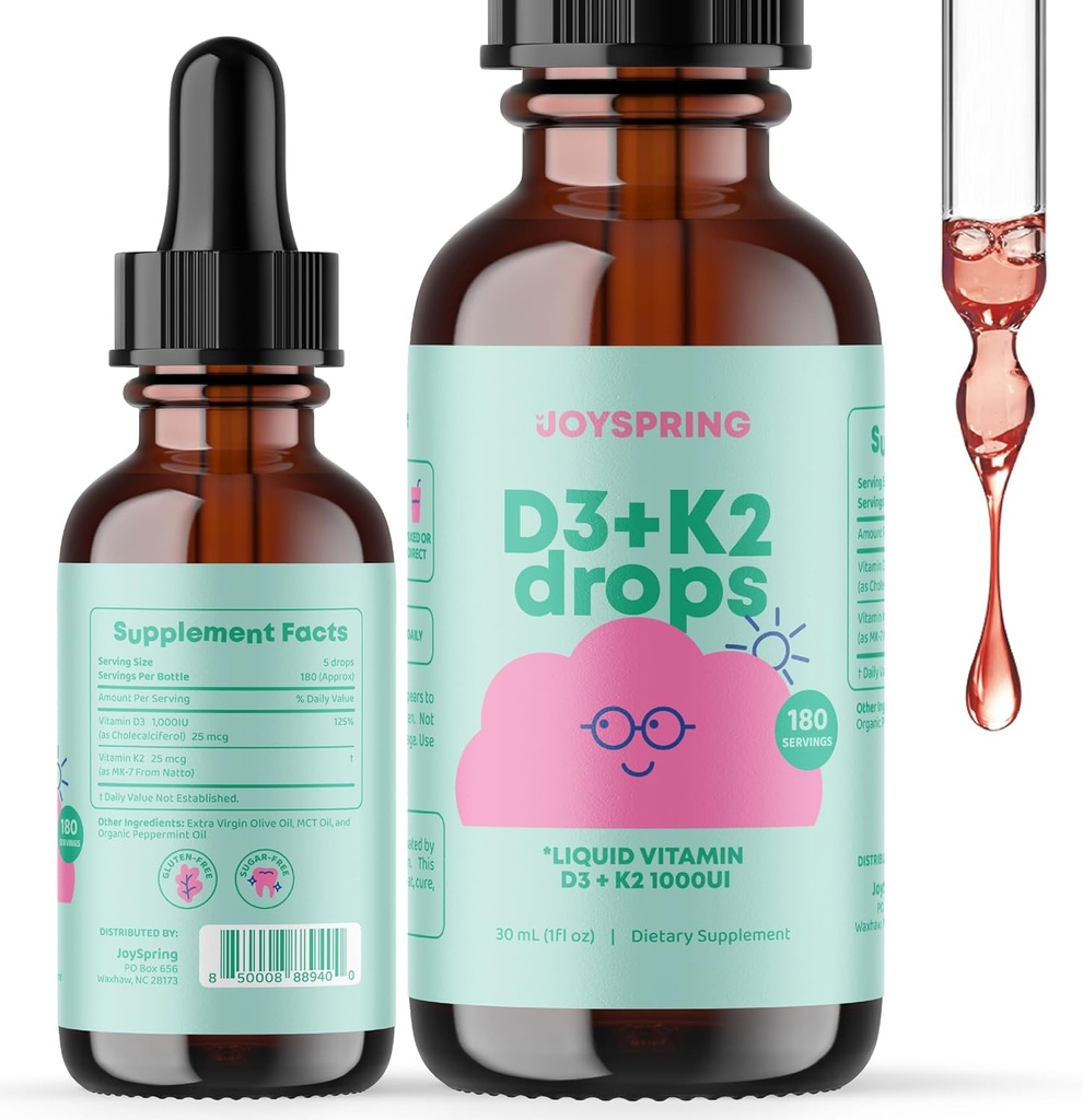JoySpring Liquid Vitamin D3 με K2 Vitamin D για τα παιδιά - Ανοσοποιητική Υποστήριξη για τα παιδιά, Καθημερινή Πολυβιταμίνη με Burdock Root & Elderberry για τα παιδιά Immune Booster και Natural Kids Focus Συμπληρώματα σταγόνες