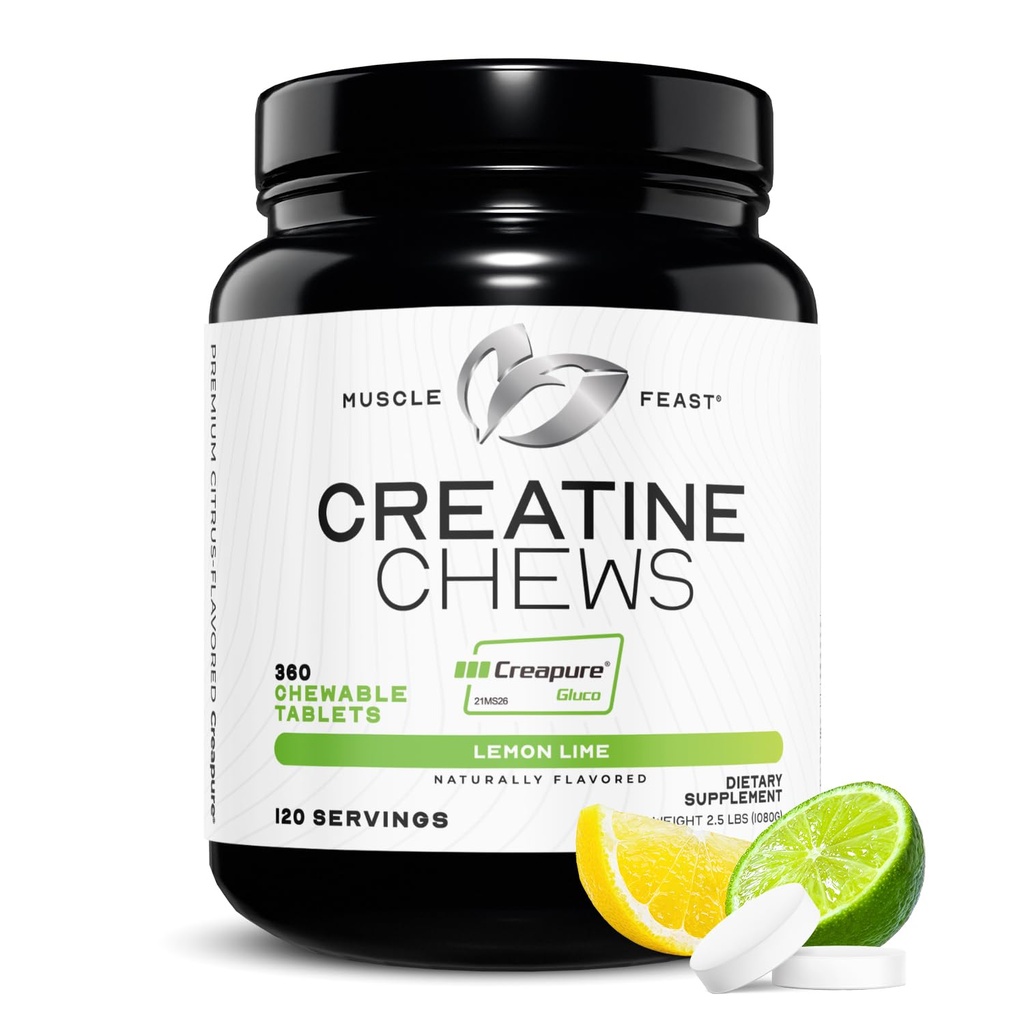 Muscle Feast Creatine Monohydrate Chewables - Vegan & Gluten-Free Creapure Creatine Chews for Men & Women - Delicious Citrus-Flavored Creatine Tablets for Muscle Building - Lemon Lime, 360 Tabs