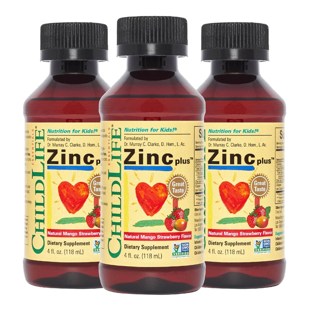 ChildLife Essentials Liquid Zinc Plus for Kids & Toddler - Liquid Supplement, Zinc Gluconate & Copper for Immune Support - Mango Strawberry Flavor, 4 Fl Oz (Pack of 3)