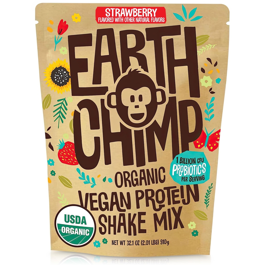 EarthChimp Organic Vegan Protein Powder - 26 Servings, 32 Oz - with Probiotics & Digestive Enzymes - Plant Based, Dairy Free, Non GMO, Gluten Free, Gum Free (Strawberry)