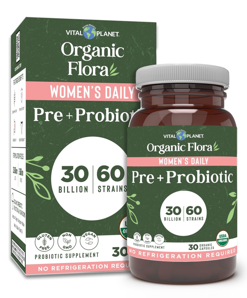 Vital Planet - Organic Flora Probiotics for Women, Women's Daily Shelf Stable Probiotic 30 Billion CFU, 60 Diverse Strains, Prebiotic Organic Mushroom Blend, Immune and Digestive Health 30 Capsules