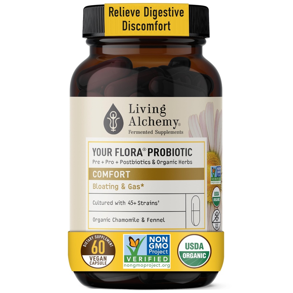 Your Flora Probiotic Comfort – Non-GMO Probiotics with Fermented Soybean, Chamomile, Fennel, Prebiotics, Digestive Enzymes for Digestion & Bloating – Prebiotics, Postbiotics – Living Alchemy, 60 Pcs