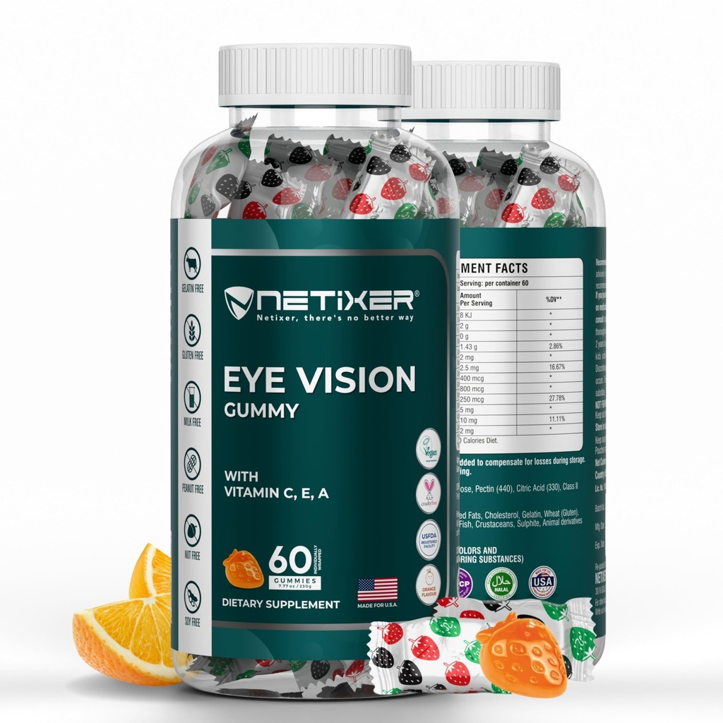Eye Vision Gummies – 60 Berry-Flavored Vegan Gummies with Lutein, Zeaxanthin, Astaxanthin, DHA, Vitamins A, C, E – Gelatin-Free, Gluten-Free | Individually Wrapped