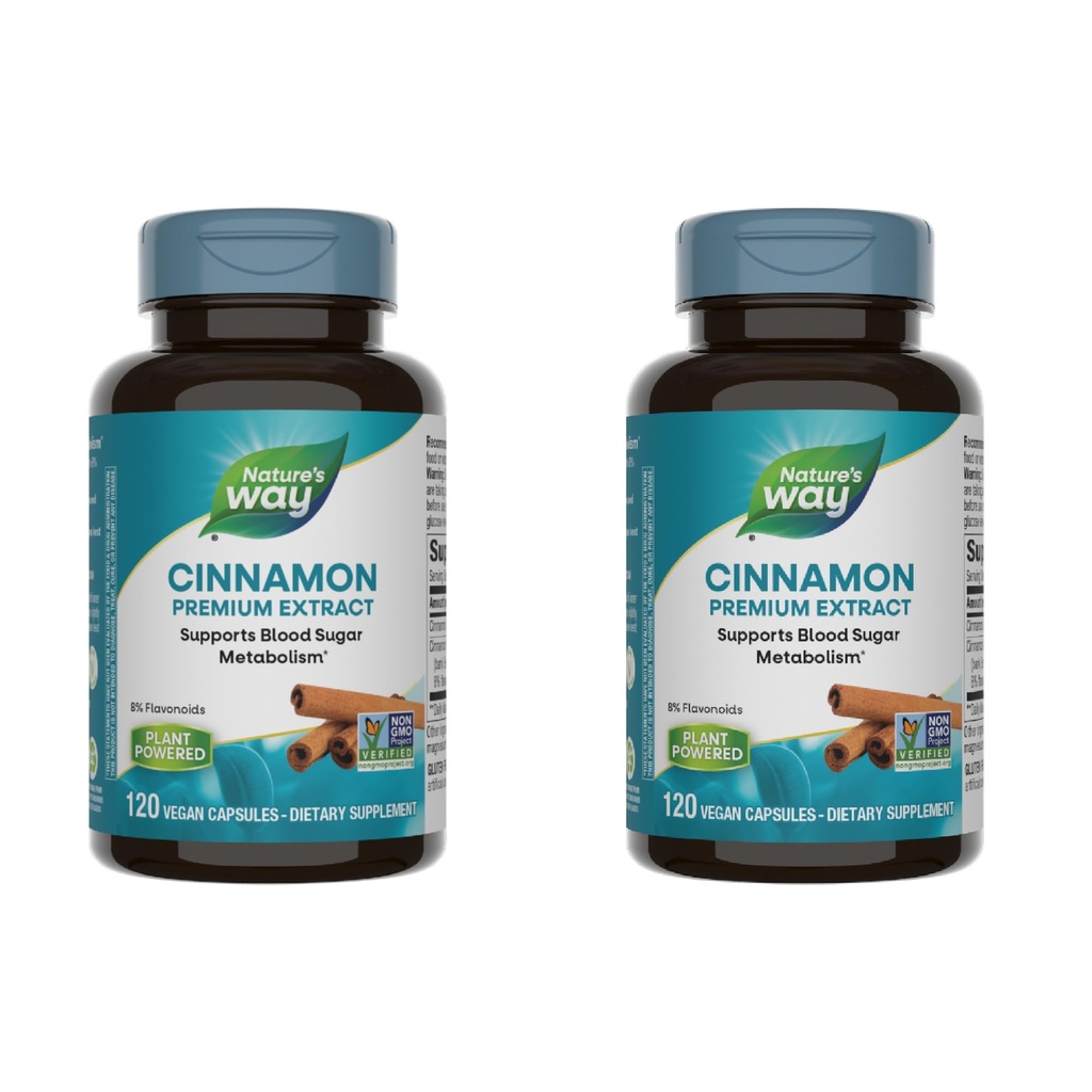 Nature's Way Cinnamon Premium Extract, Supports Carbohydrate Metabolism*, Non-GMO Project Verified, Standardized to 8% Flavonoids, 120 Vegan Capsules (Packaging May Vary) - 2 Pack