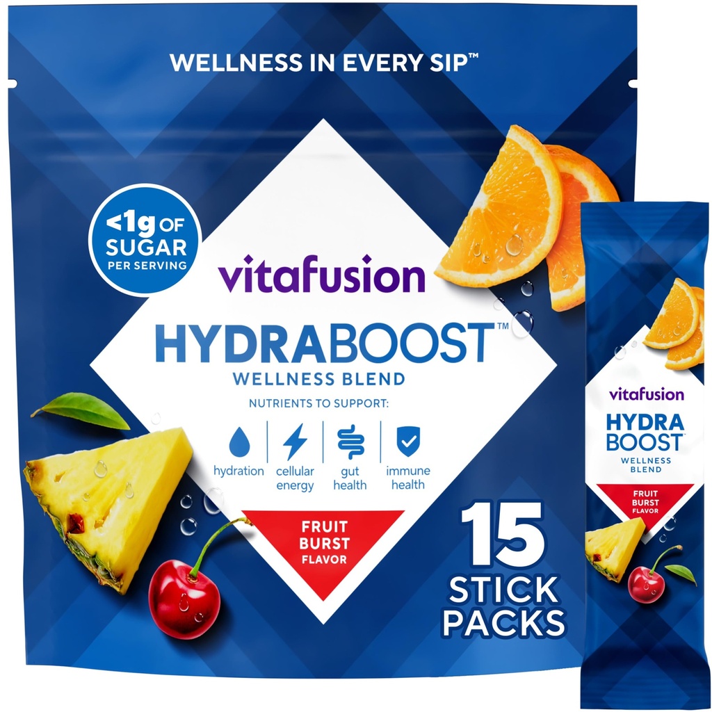 Vitafusion Hydraboost Drink Powder Packets, Electrolytes Support Daily Hydration, Vitamins Support Cellular Energy & Immune Health, Prebiotic Fiber Supports Gut Health, Fruit Burst, 15 Sticks