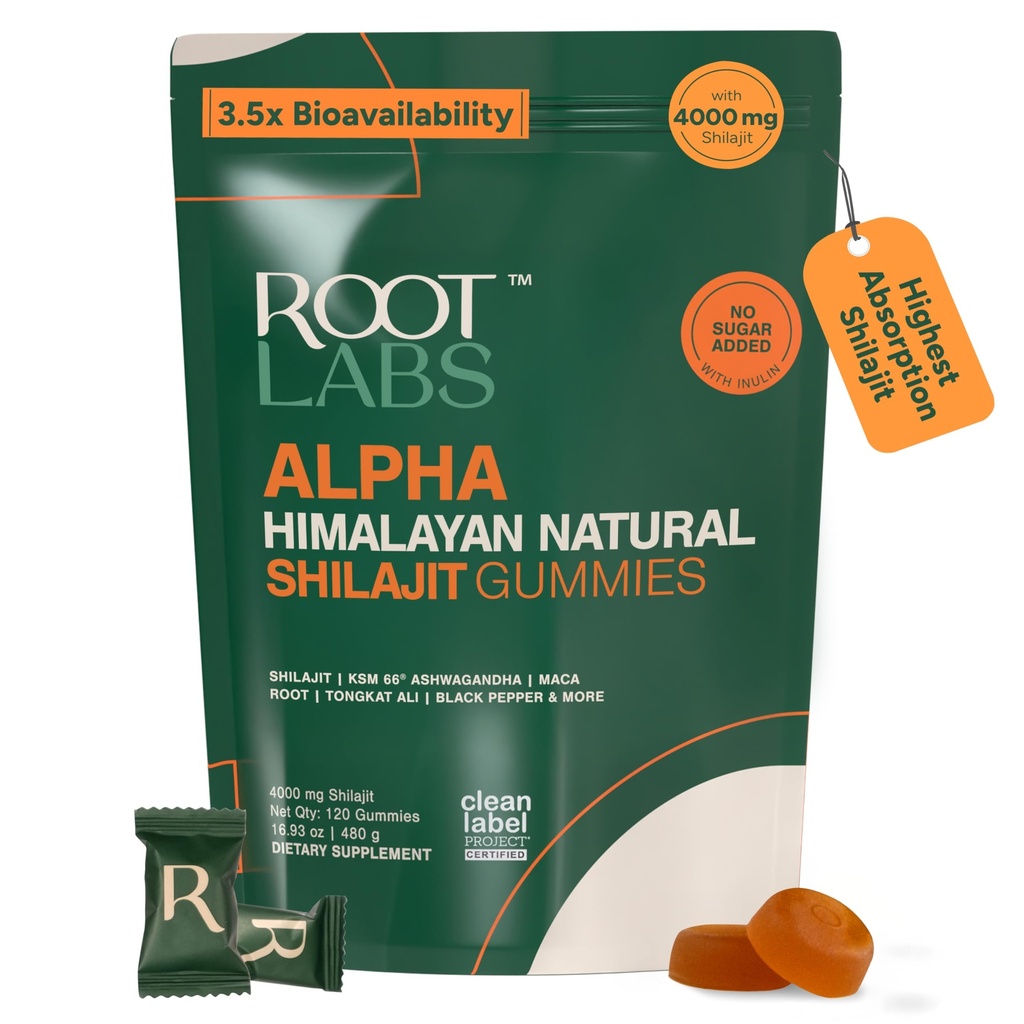 ROOT LABS 10-in-1 Alpha Shilajit Gummies | 4000 mg Pure Himalayan Shilajit with Tongkat Ali & Maca Root | for Men & Women | ShilAbsorb Bioavailability Tech | Sugar-Free, Vegan | 120 Gummies