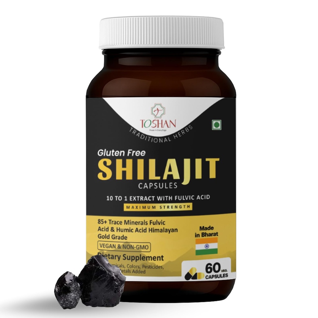 TOSHAN Himalayan Shilajit Capsules 500mg - 10:1 Shilajit Extract with Over 20% Fulvic Acid & Humic Acid - 85+ Trace Minerals for Natural Support - Maximum Strength, Vegan, Non-GMO - 60 Veg Capsules