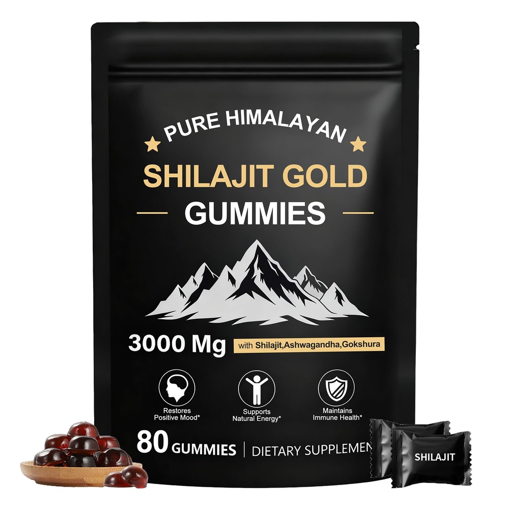 Shilajit Gummies for Men & Women, Rich in Ashwagandha Gaulshura Fulvic Acid 85 Micronutrients, No Added Sugar Non-GMO 100% Natural Organic, Energy Support & Overall Health, 80 Gummies