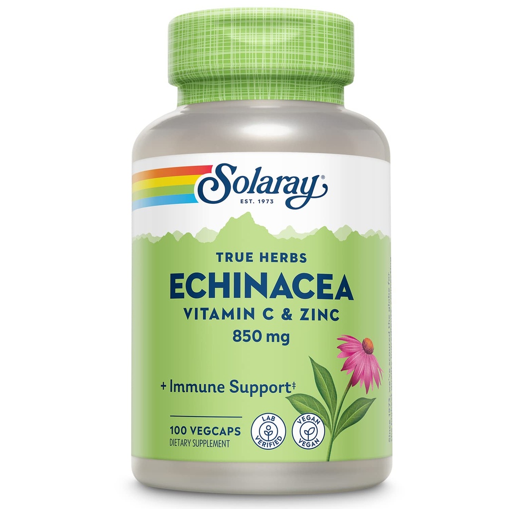 SOLARAY Echinacea Vitamin C and Zinc Wellness Formula - Immune Support Supplement - Echinacea Capsules with Vitamin C 500mg Plus Bioflavonoids, Vegan, 60-Day Guarantee, 50 Servings, 100 VegCaps