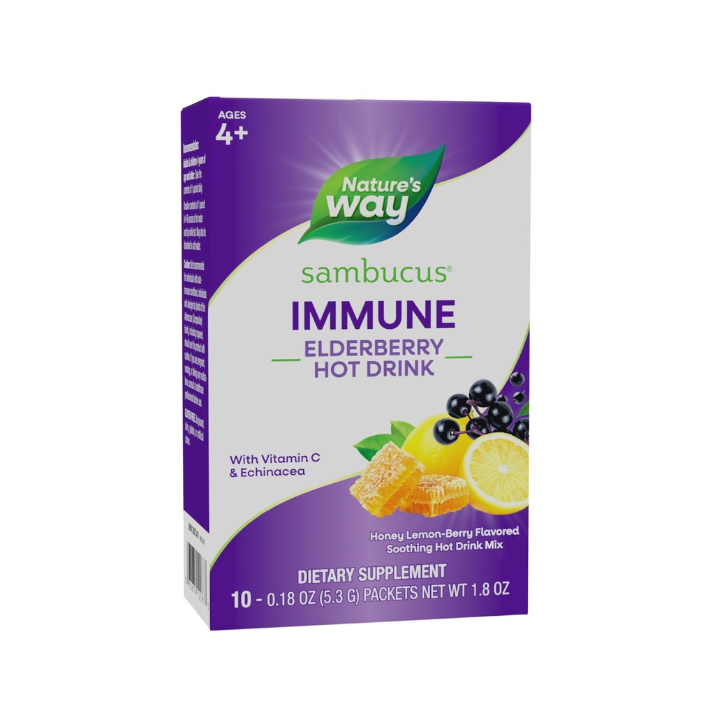 Nature's Way Sambucus Elderberry Hot Drink Mix with Vitamin C and Echinacea, Immune Support*, Honey Lemon-Berry Flavored, 10 Packets (Packaging May Vary)