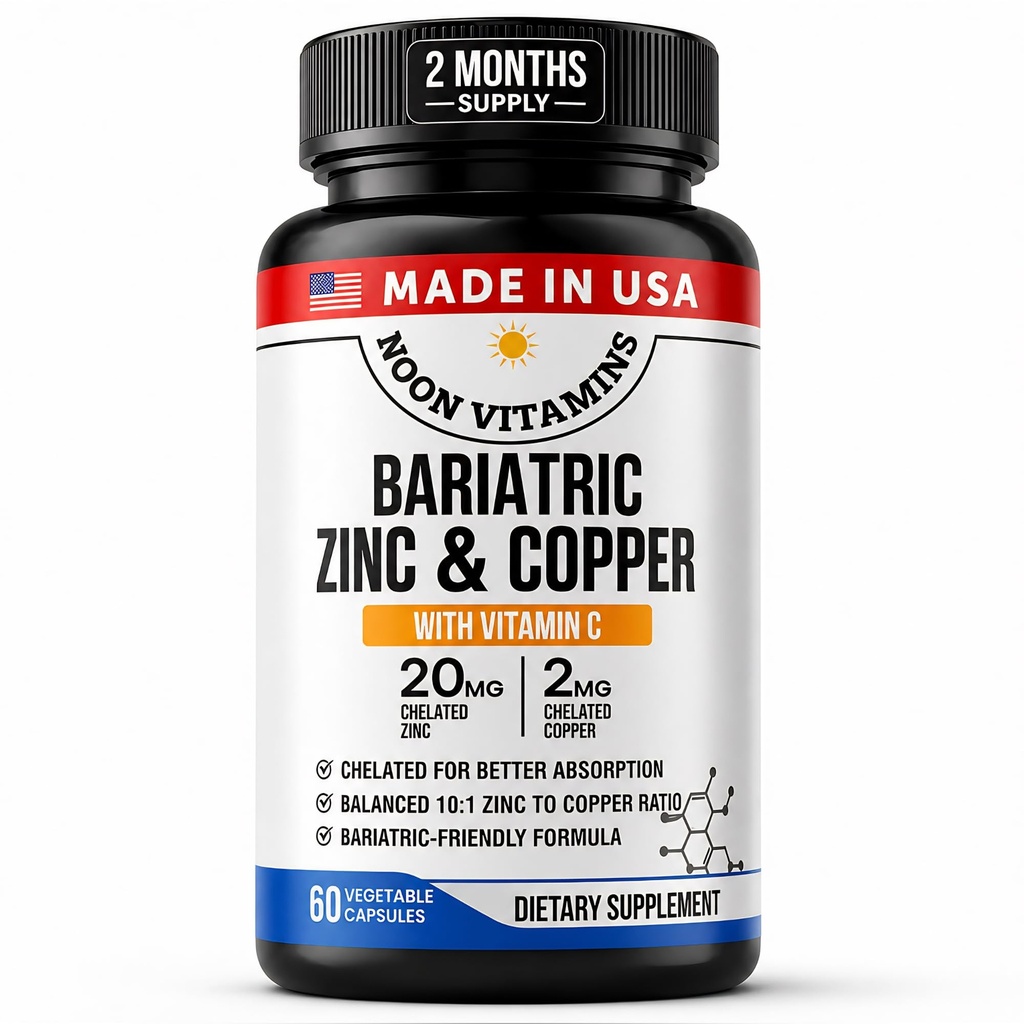 Bariatric Zinc 20mg with Copper 2mg (10:1 Ratio) + Vitamin C – Balanced Bariatric Formula – TRAACS Chelated Zinc Glycinate – Gentle on Stomach – 60 Capsules – Men & Women – Halal