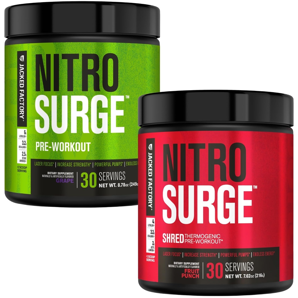 Jacked Factory Nitrosurge Προ-εξάσκηση σε Σταφύλι & Φρούτα Punch Nitrosurge Shred Θερμογόνο Προ-εξάσκηση για άνδρες & γυναίκες