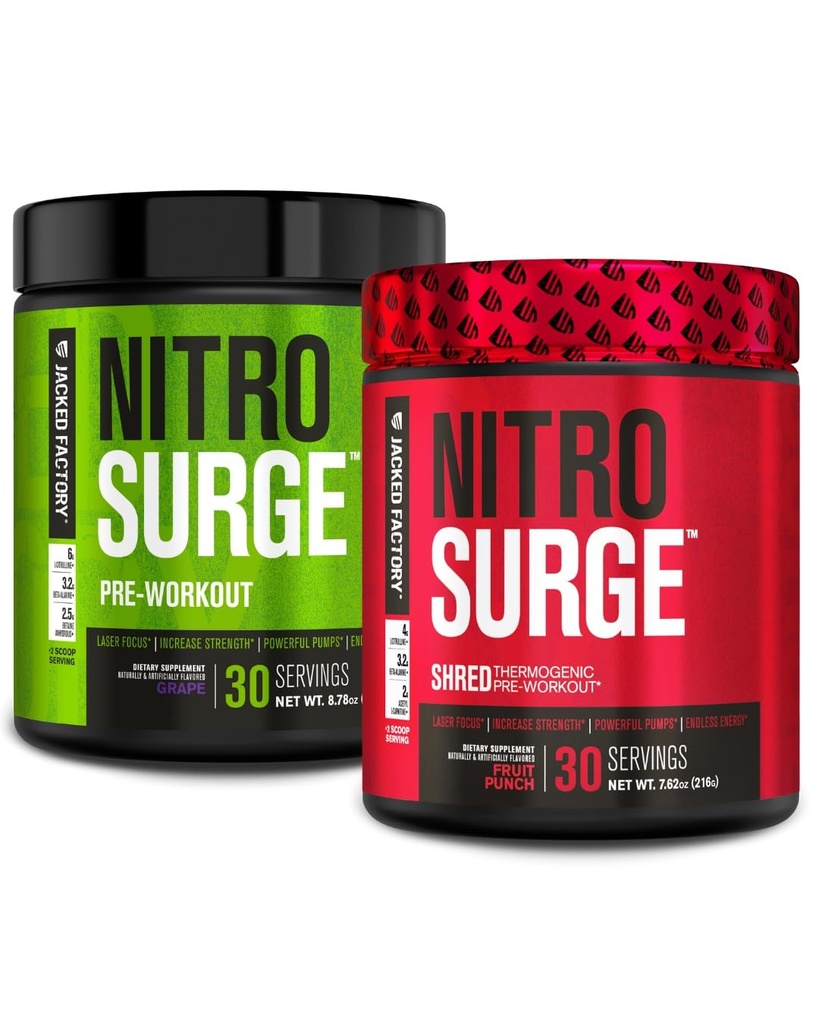 Jacked Factory Nitrosurge Προ-εξάσκηση σε Σταφύλι & Φρούτα Punch Nitrosurge Shred Θερμογόνο Προ-εξάσκηση για άνδρες & γυναίκες