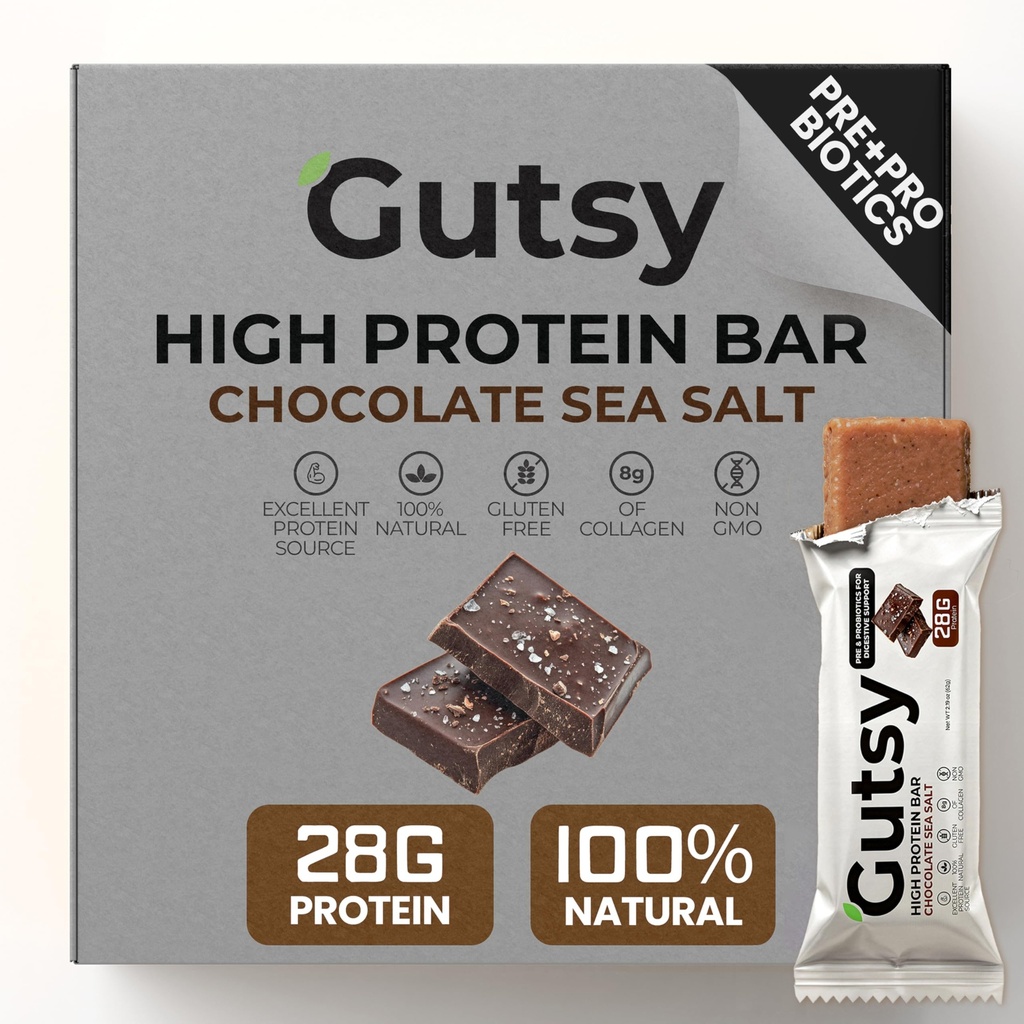 Gutsy High Protein Bars | 28g of Whey Protein 1g of Sugar | All Natural Protein Bars with Prebiotics and Probiotics | Healthy Snacks for Adults & Gluten Free Snacks | 4-Pack Chocolate Sea Salt