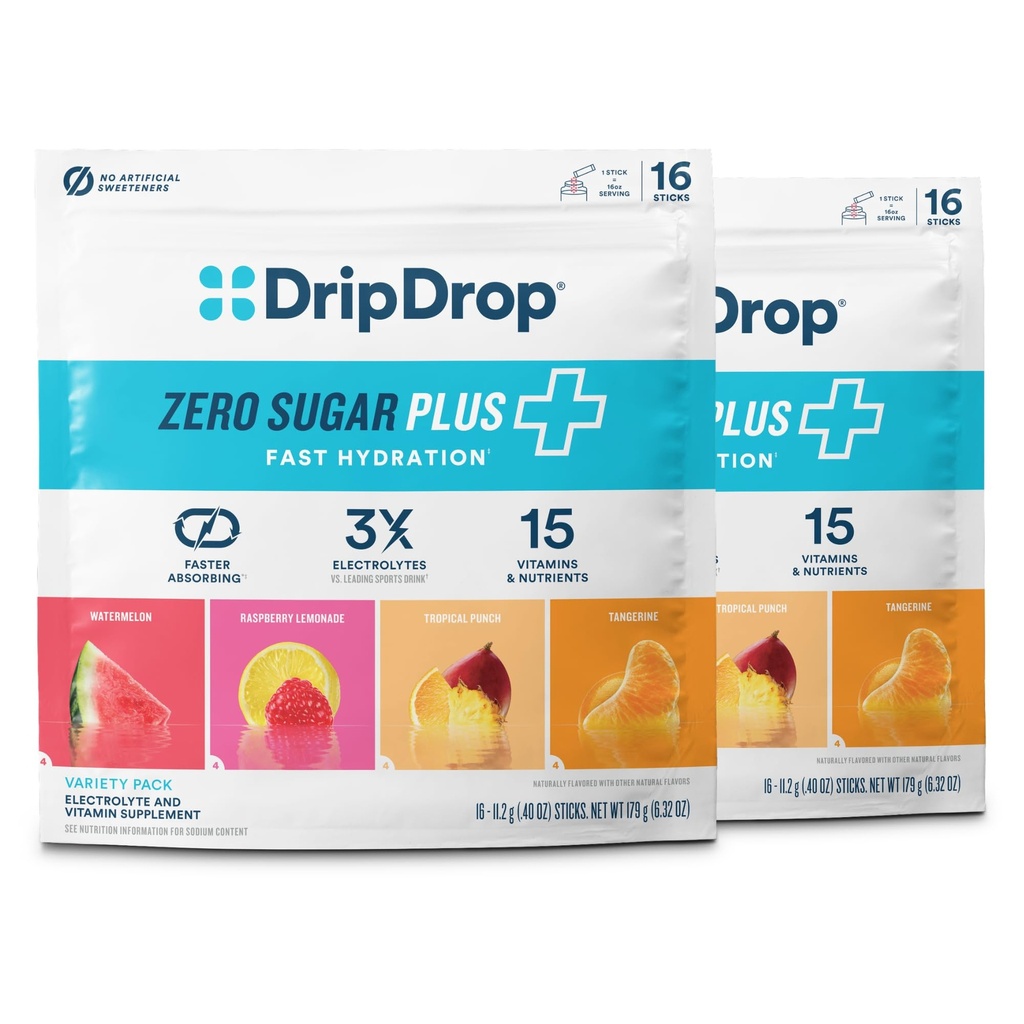 DripDrop Zero Sugar Plus - Sugar Free Hydration Packets- Single Serve Electrolytes Powder Drink Mix - Raspberry Lemonade, Watermelon, Tangerine, Tropical Punch - Non-GMO, Vegan- 16 Sticks (Pack of 2)