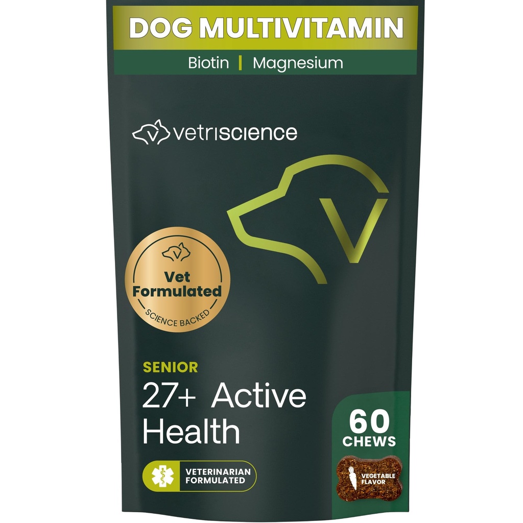 VetriScience Senior 27+ Active Health Chews, Canine Plus Καθημερινή πολυβιταμίνη για Senior Dogs, Ισορροπημένες Βιταμίνες, Ορυκτά και Αντιοξειδωτικά, Υγιεινή γήρανση και υποστήριξη ευεξίας, Veggie, 60 Count