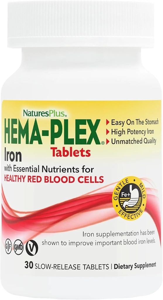 NaturesPlus Hema- Plex Iron - 30 Slow- Release Tablets - 85 mg Chelated Iron - Ολική Υγεία του Αίματος - με Βιταμίνη C & Bioflavonoids - Μη ΓΤΟ, Χορτοφαγικά & Χωρίς Γλουτένη - 30 Μερίδες