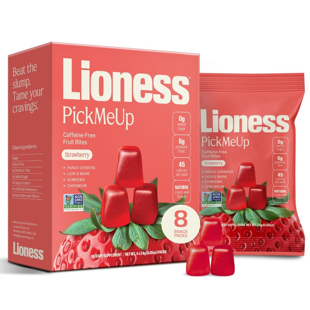 Lioness Energy Strawberry Pick Me Up Gummies, are Caffeine-Free Energy, Focus & Craving Support with Lion’s Mane, Ginseng, Gymnema & Chromium, No Added Sugar, Vegan Gluten Free, 8 Ct