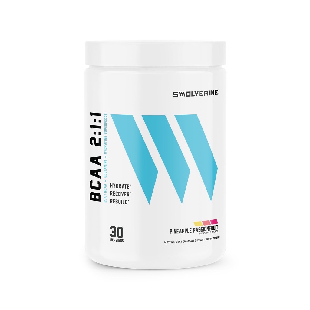 Swolverine BCAA Powder 2:1:1 with L-Glutamine & Electrolytes - Stimulant-Free Amino Acid Supplement for Muscle Recovery, Hydration & Endurance Support, 30 Servings, Pineapple Passionfruit