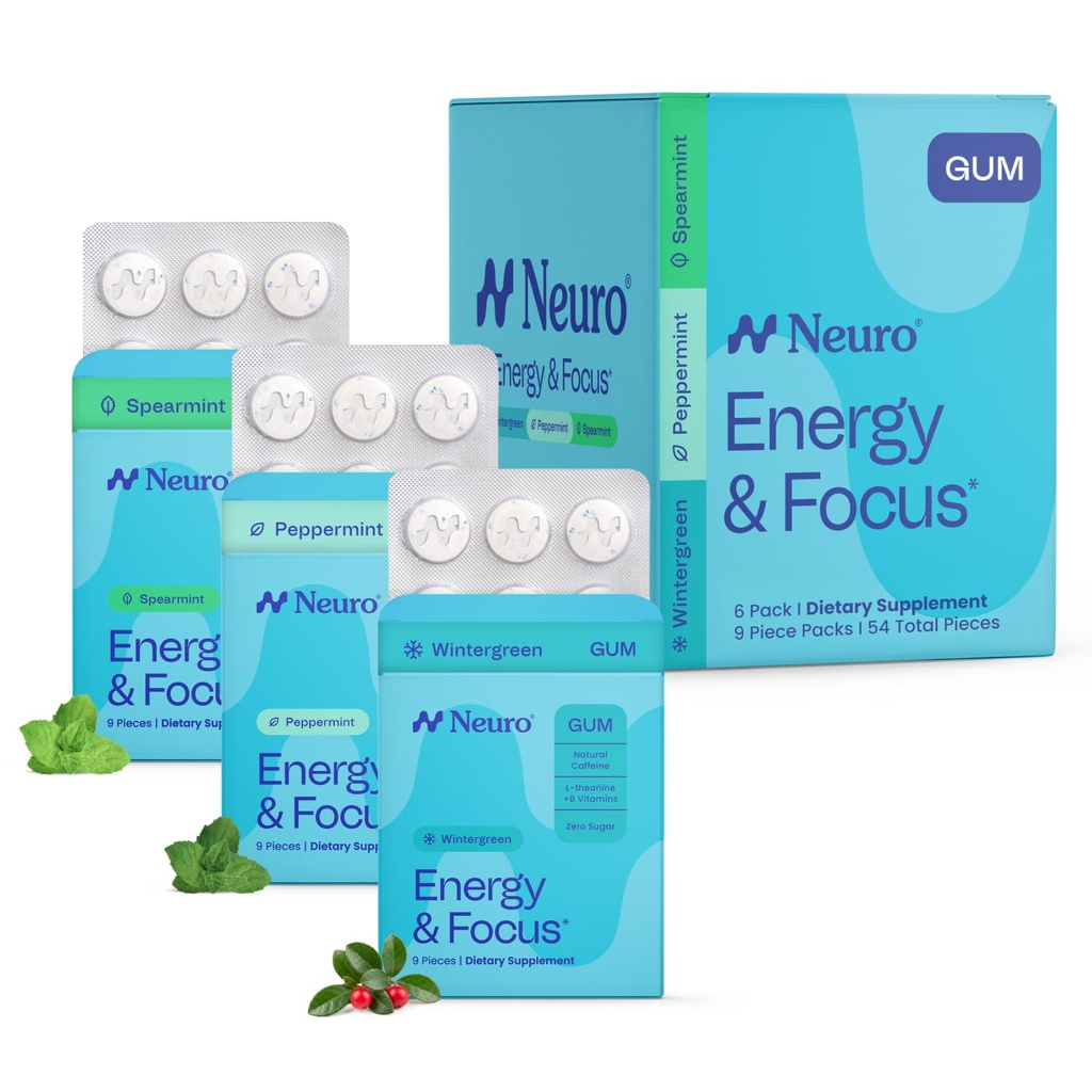 Neuro Variety Pack Gum - Energy & Focus Gum (Peppermint, Spearmint, Wintergreen) - Nootropic Supplement with 40mg Natural Caffeine + L-Theanine for Brain Health - Sugar Free, Vegan - 54 ct, 6 Pack